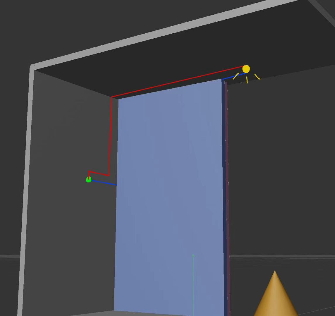 When the closet door is open, being slide to the right. The door will touch the wall. And the conductive tape part on the door will fill the missing circuit part on the wall and create the circuit, the light will turn on