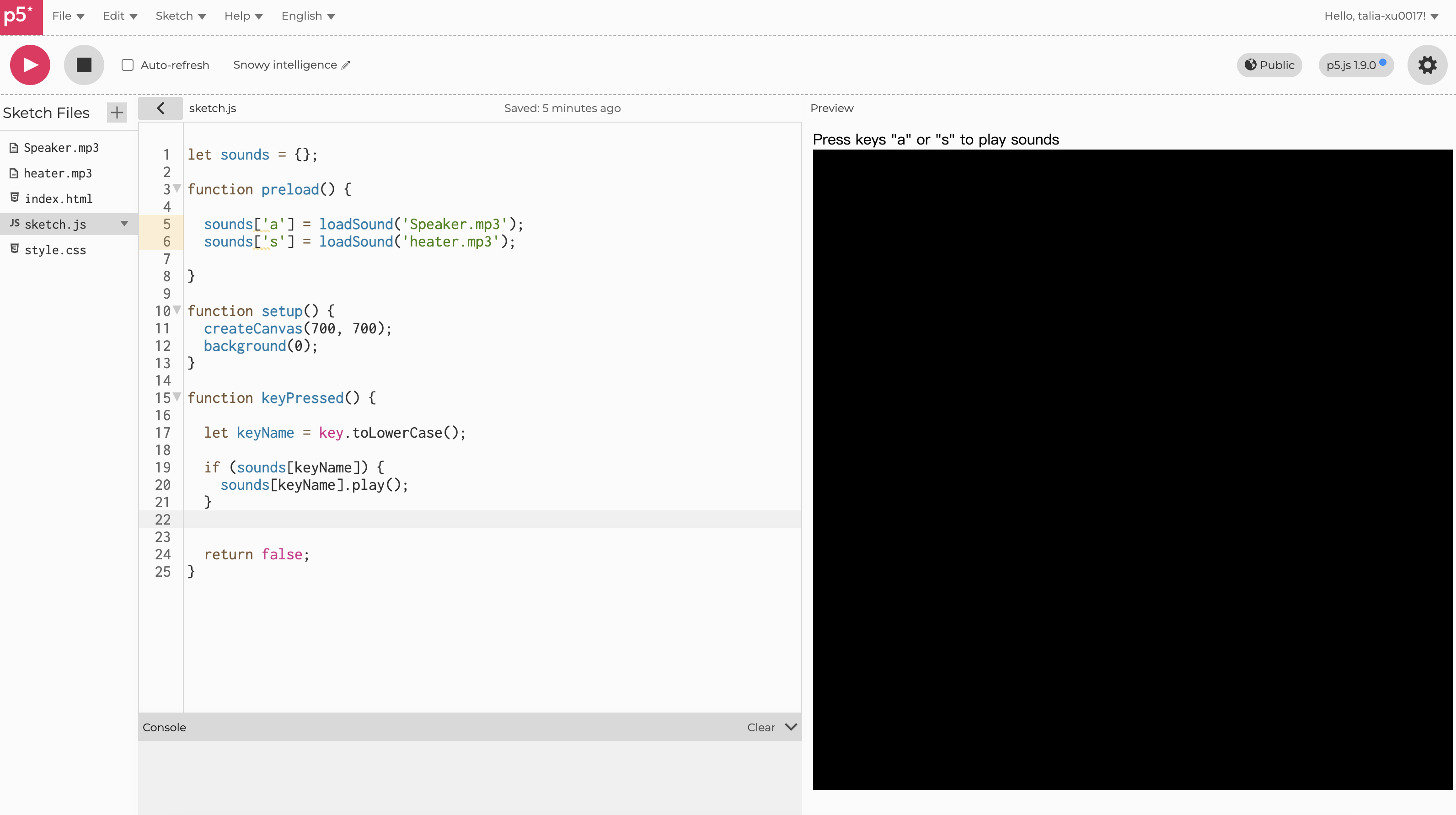This might be the direction I will be going to do in my final project, that when I press one key on my keyboard, sound will trigger. I'm making a simple one to test it out. <br> Here is the link, it might required some time to load:https://editor.p5js.org/talia-xu0017/full/P-o3wZd-W