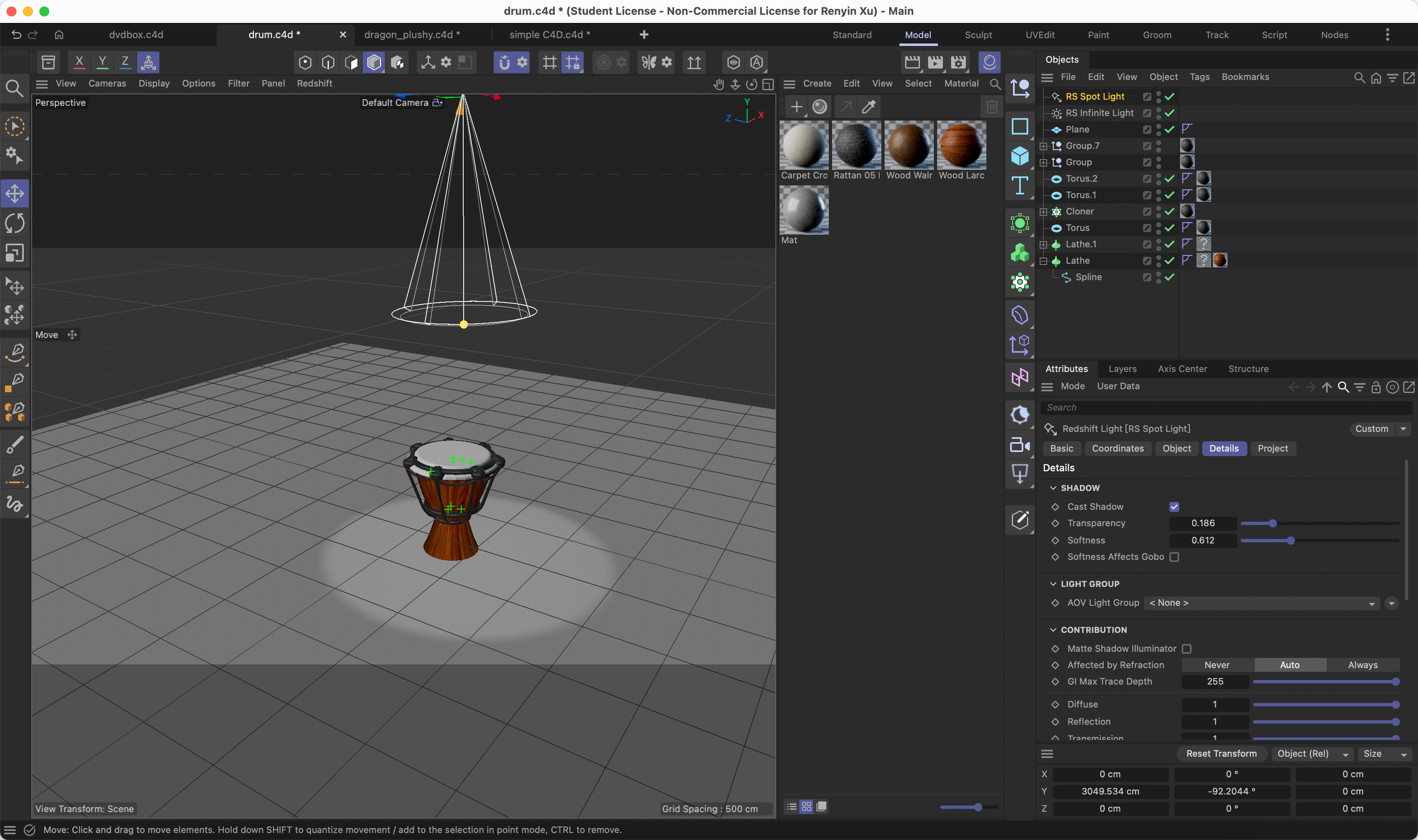 This is what I did follow by the tutorial video 6 for the drum, adding a plane and a light source