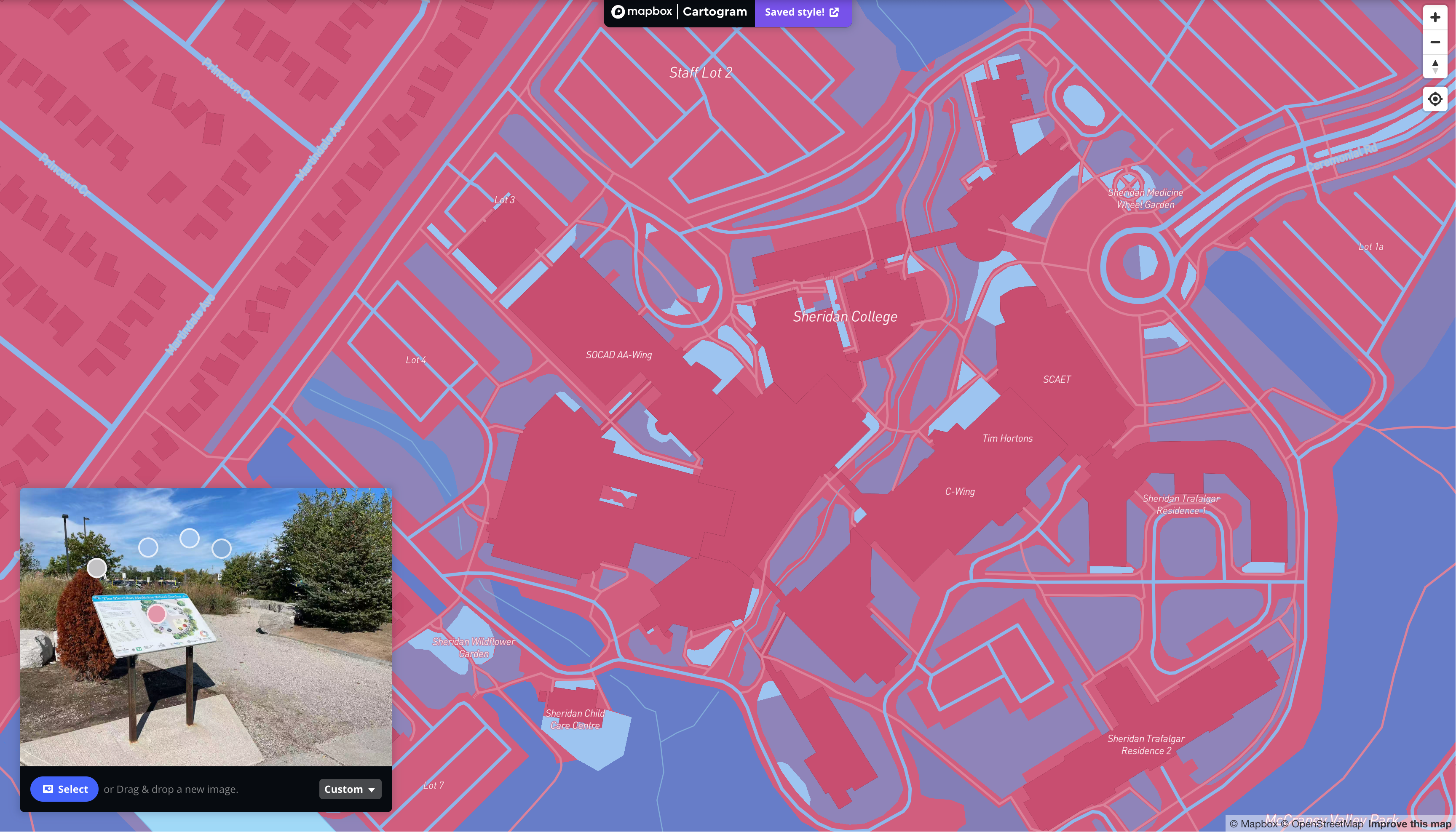 This is a map I styling with the image of exterior place that is located outside of J wings in Sheridan in Mapbox