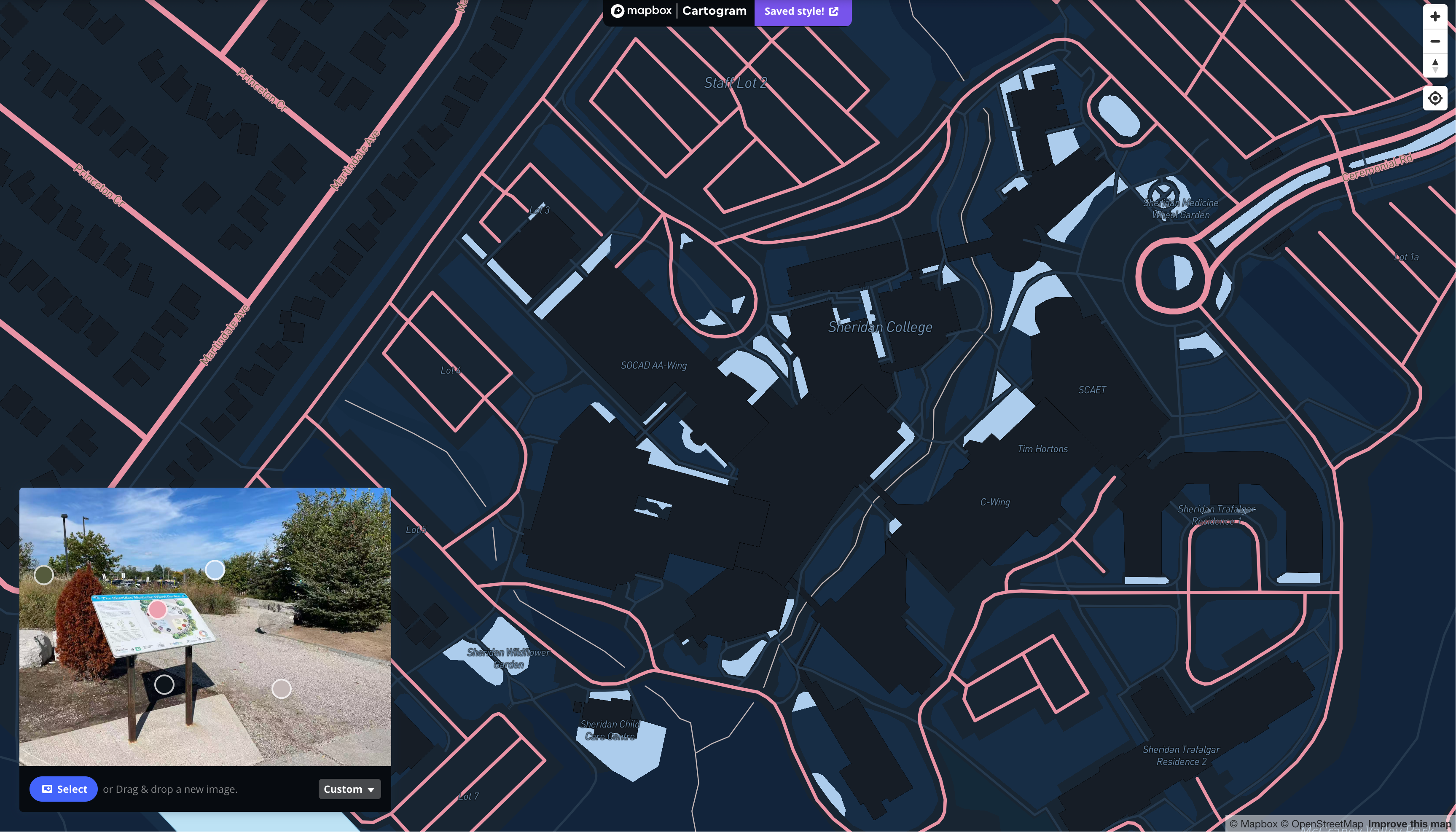 This is a map I styling with the image of exterior place that is located outside of J wings in Sheridan in Mapbox