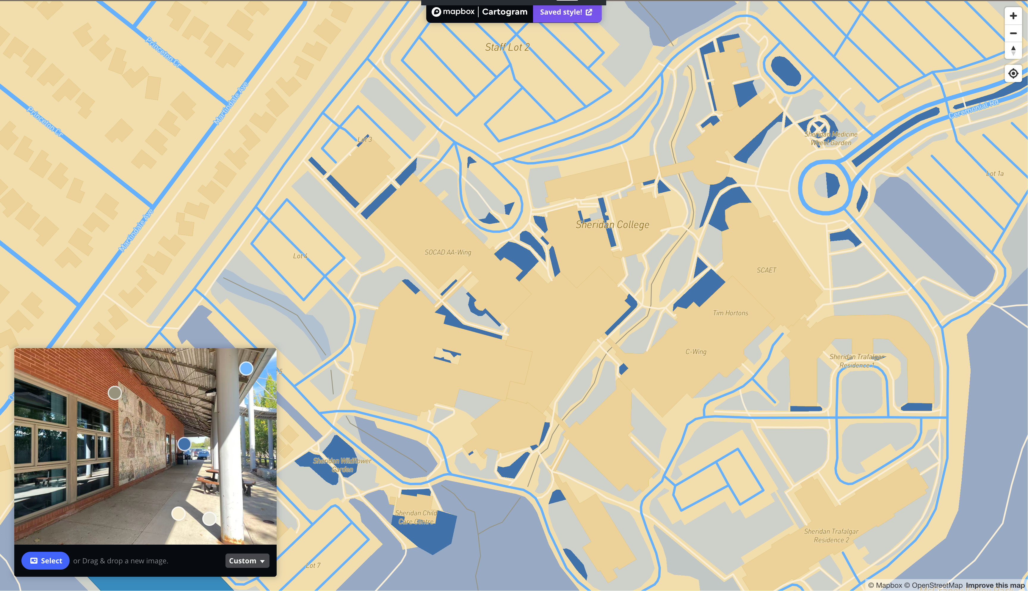 This is a map I styling with the image of an exterior place that is located outside of AA wings in Sheridan in Mapbox
