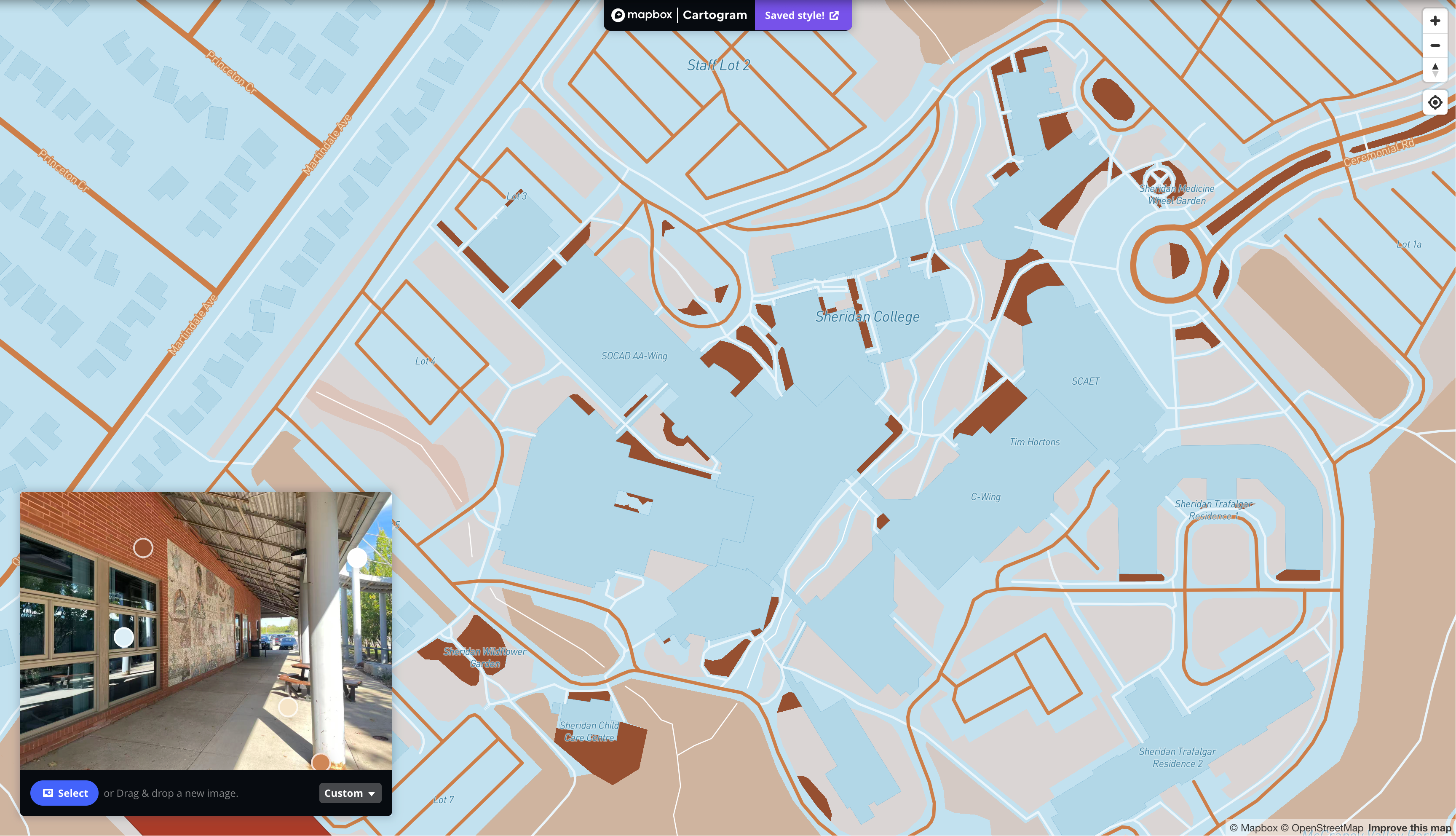 This is a map I styling with the image of an exterior place that is located outside of AA wings in Sheridan in Mapbox