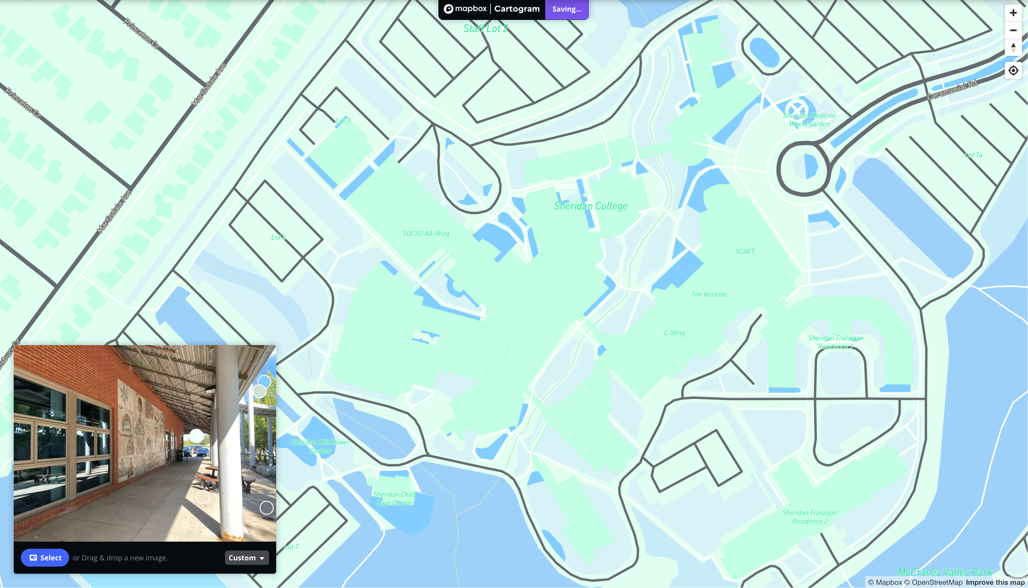 This is a map I styling with the image of an exterior place that is located outside of AA wings in Sheridan in Mapbox