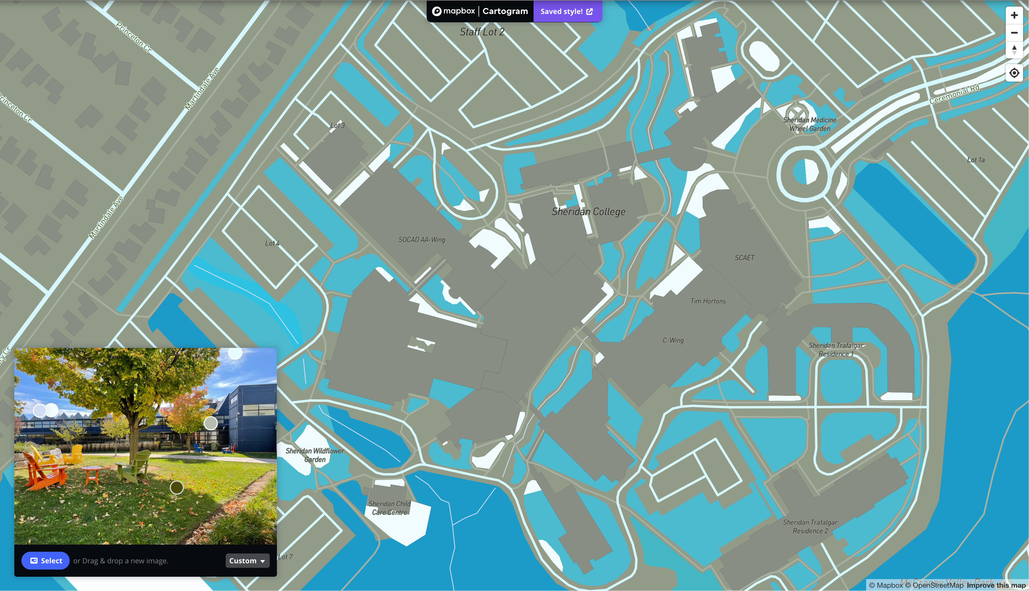 This is a map I styling with the image of an exterior place that is located outside of C wings in Sheridan in Mapbox